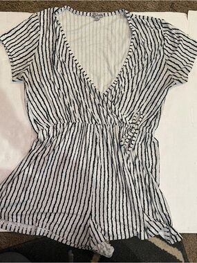 J for Justify Blue & White Striped V-Neck Romper
